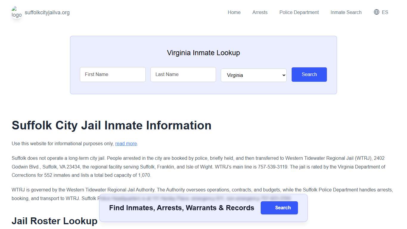 Suffolk Jail, VA Inmate Roster, Municipal Jail Info
